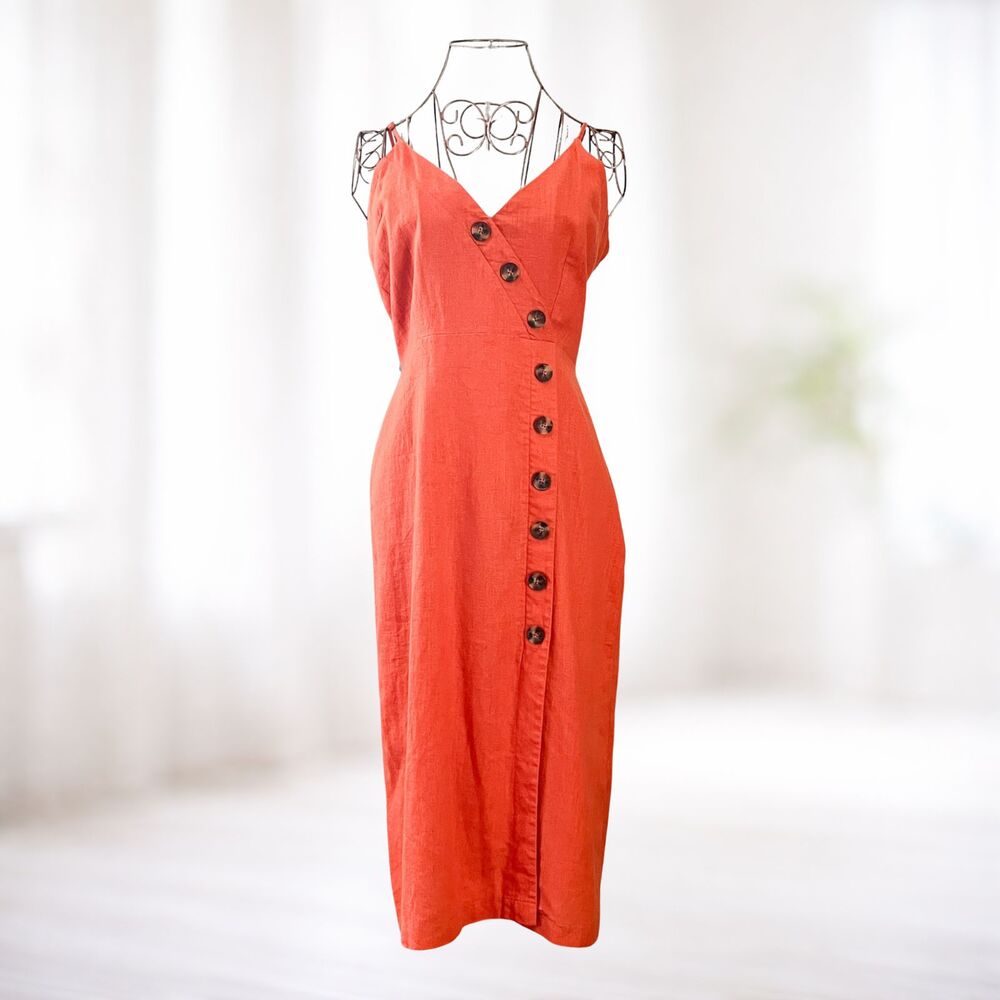 Linen Blend Orange V Neck Dress L Office Cruise Vacation
